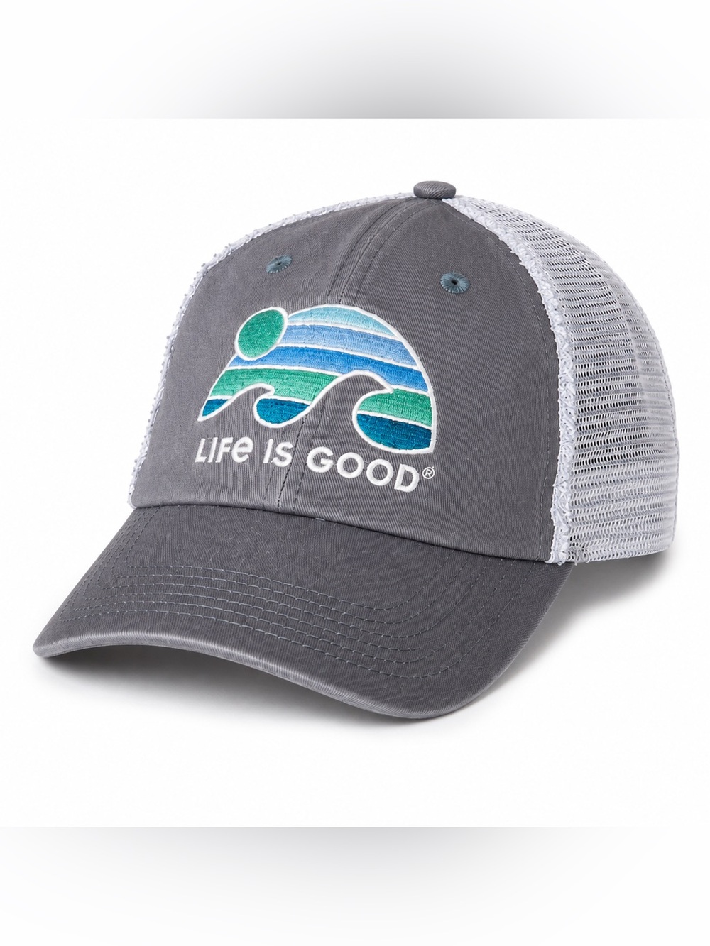 Life Is Good Trucker Hat Gray White Mesh Embroidered Logo - SnapBack